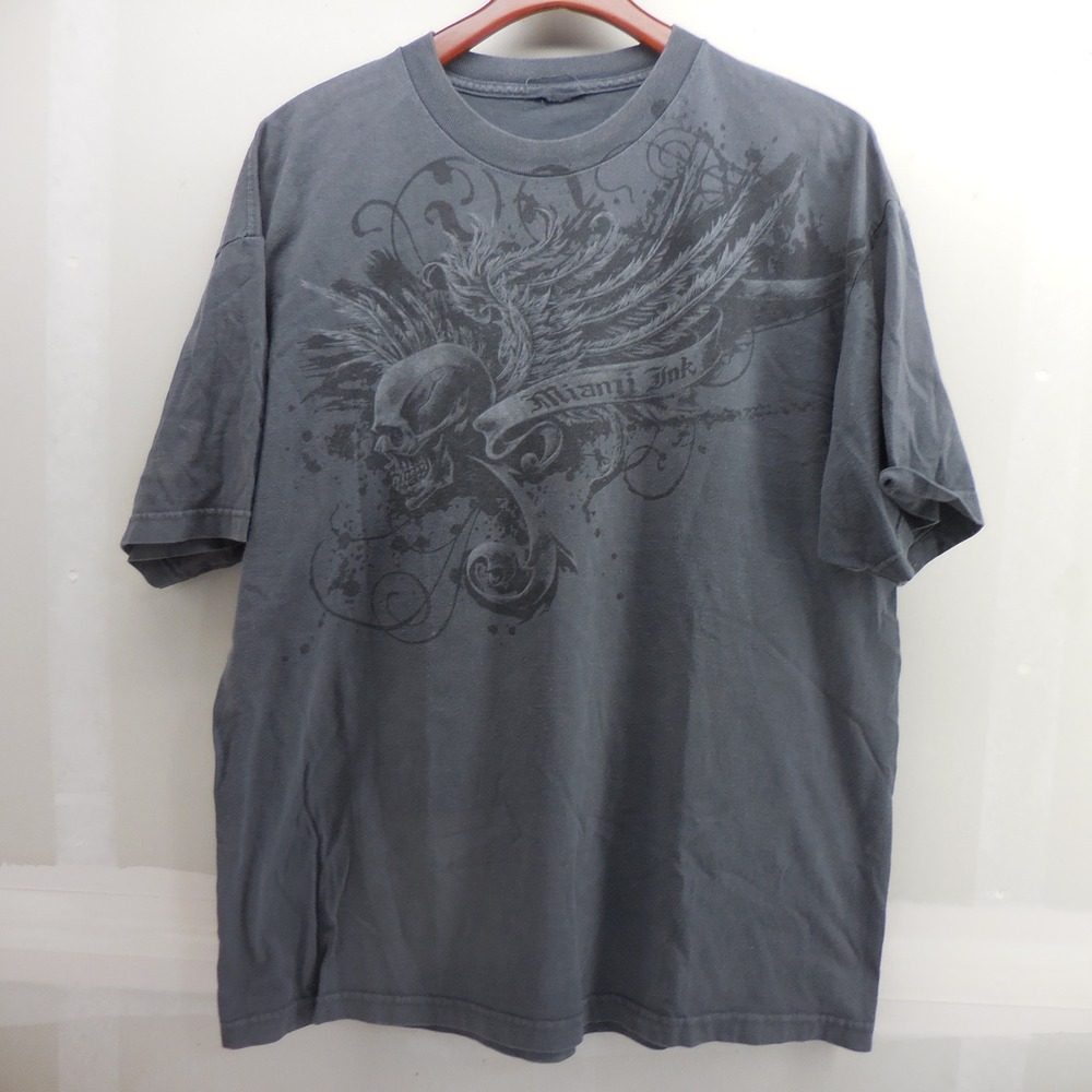 Miami Ink Mens Graphic T-Shirt XL Gray Skull Winged Tattoo Art Short Sleeve Tee